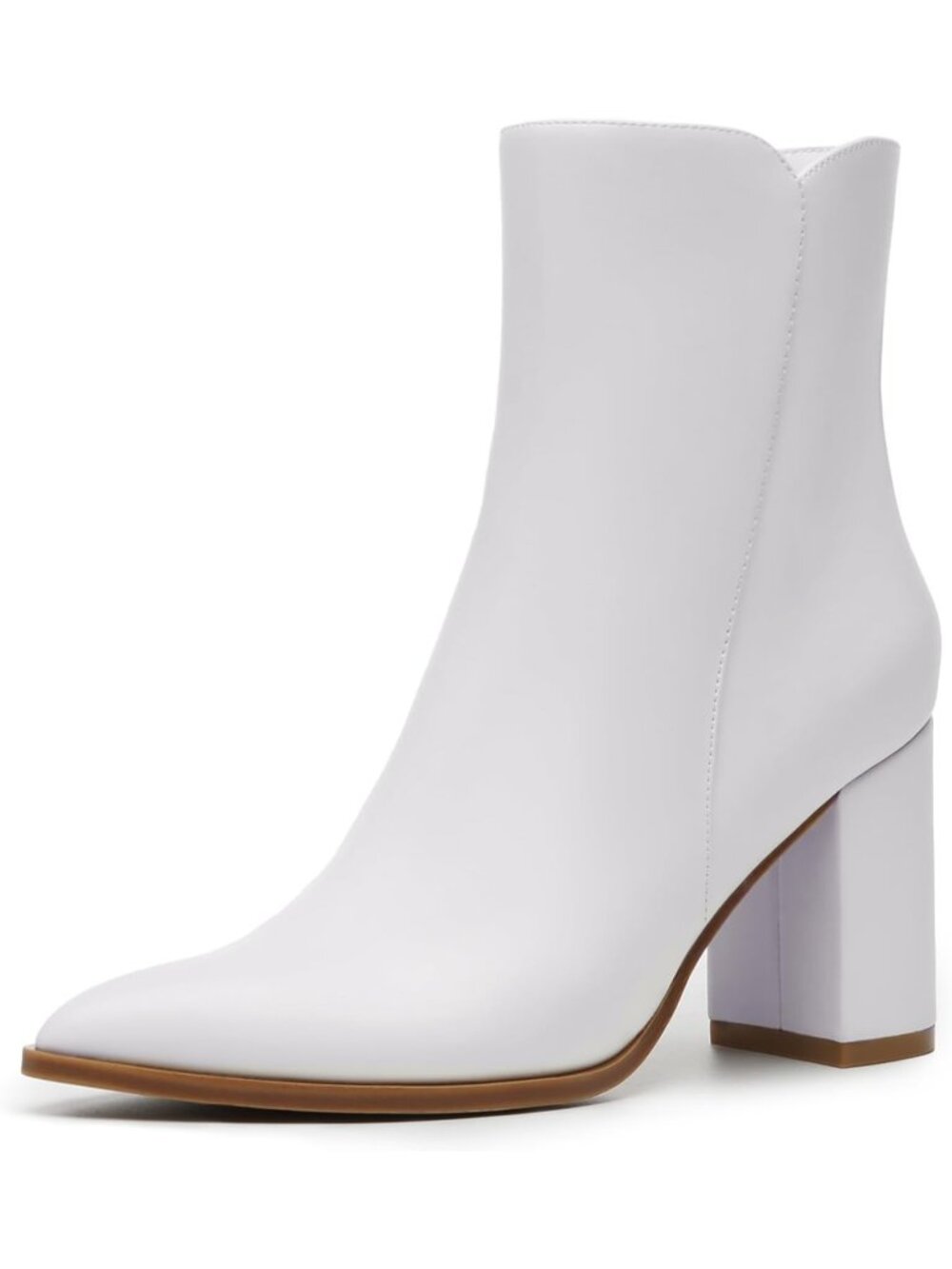 Women's White 3.4-Inches Block Heel With Side Zipper Chunky High Heel Ankle Boot